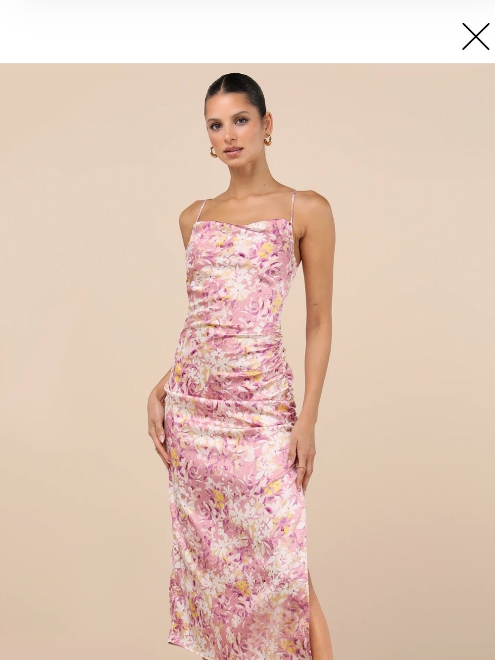 Pink Floral Ruched Midi Dress